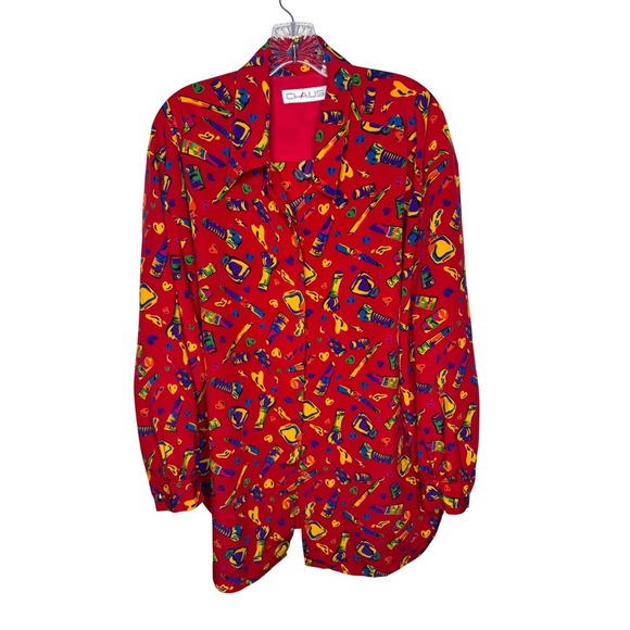 Chaus Tops - Chaus Vintage Red Makeup Print Button Down Blouse Womens 14 Long Sleeve Novelty